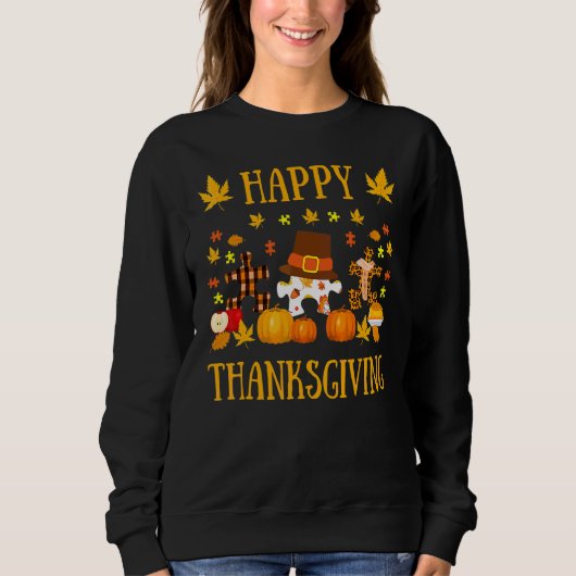 Autism Asd Awareness Puzzle Piece Autumn Happy Tha スウェットシャツ (正面)