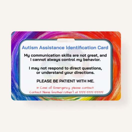 Autism Assistance Identification Card バッジ (裏面)