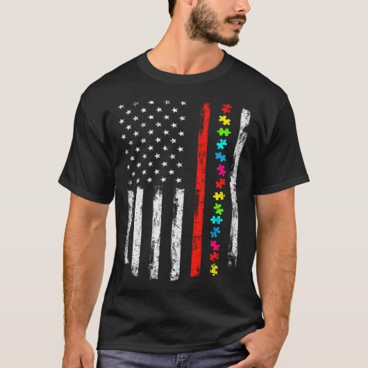 Autism Awareness 4th July Thin Red Line Firefighte Tシャツ (正面)