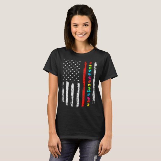 Autism Awareness 4th July Thin Red Line Firefighte Tシャツ (正面フル)