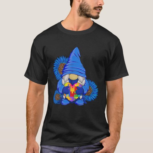 Autism Awareness Blue Gnome with Leopard Sunflower Tシャツ (正面)