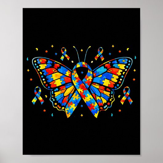Autism Awareness Butterfly Puzzle Ribbon ポスター (正面)