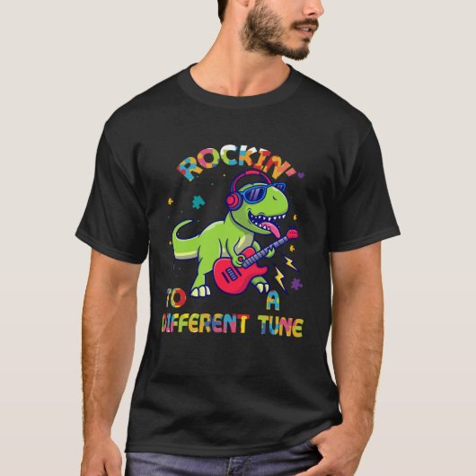 Autism Awareness Dino Rex Rockin To Different Tune Tシャツ (正面)