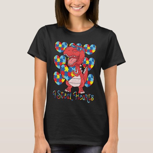 Autism Awareness Dinosaur I Steal Hearts Autism Lo Tシャツ (正面)