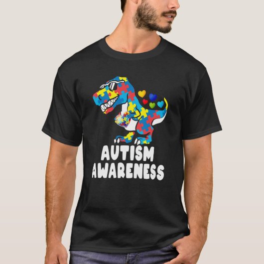 Autism Awareness Dinosaur Rex Heart Puzzle Pieces Tシャツ (正面)