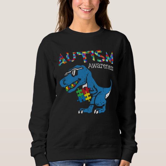 Autism Awareness Dinosaur rex  In April We Wear Bl スウェットシャツ (正面)