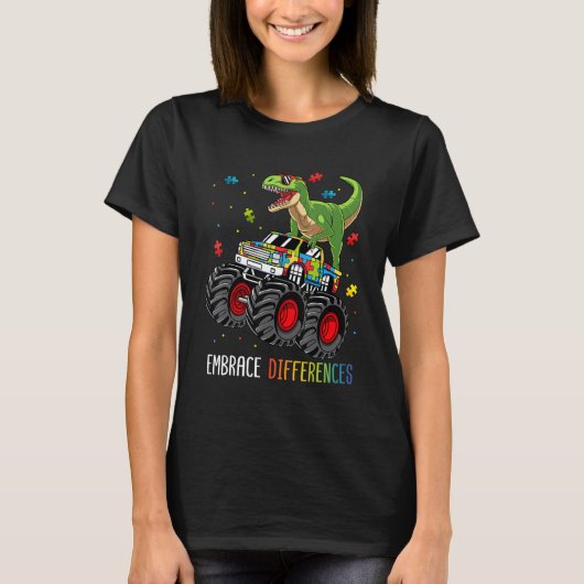 Autism Awareness Dinosaur T-rex Monster Truck Boys Tシャツ (正面)