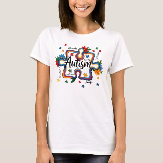 Autism Awareness Floral Puzzle Piece Dignity Inclu Tシャツ (正面)