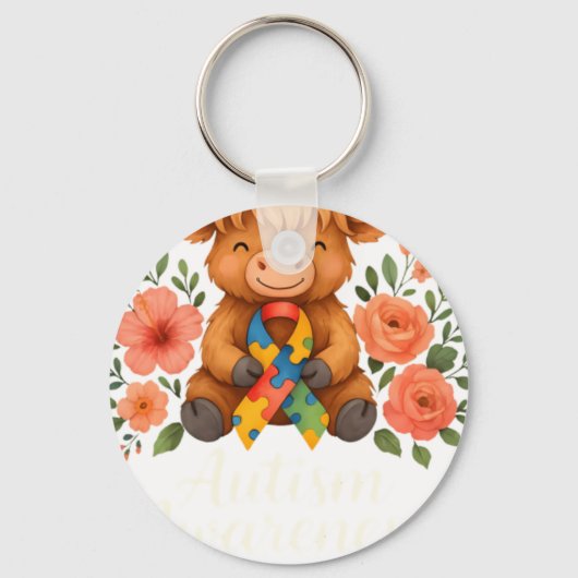 Autism Awareness Highland Cow Flora キーホルダー (正面)
