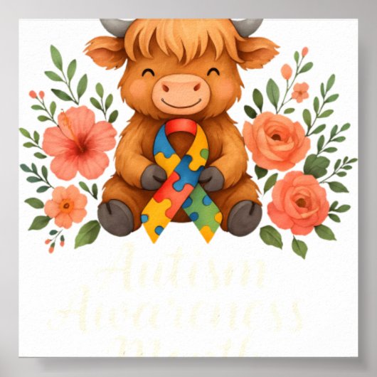 Autism Awareness Highland Cow Flora ポスター (正面)