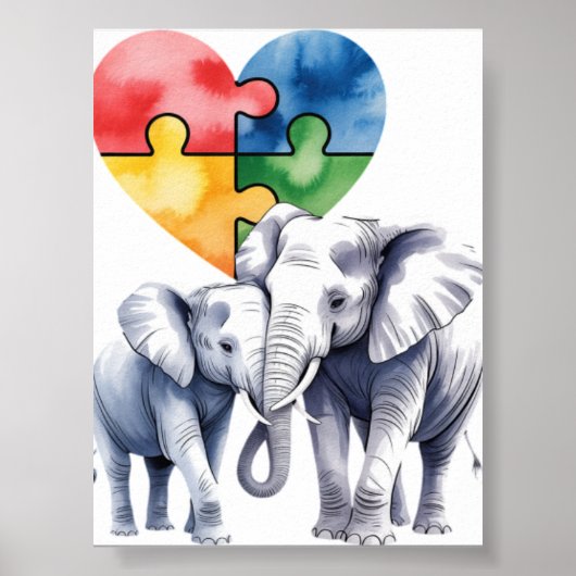 Autism Awareness Mommy Elephant with Baby Puzzle H ポスター (正面)