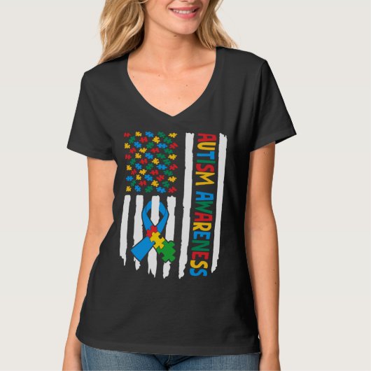 Autism Awareness Month American Flag Puzzle Piece  Tシャツ (正面)