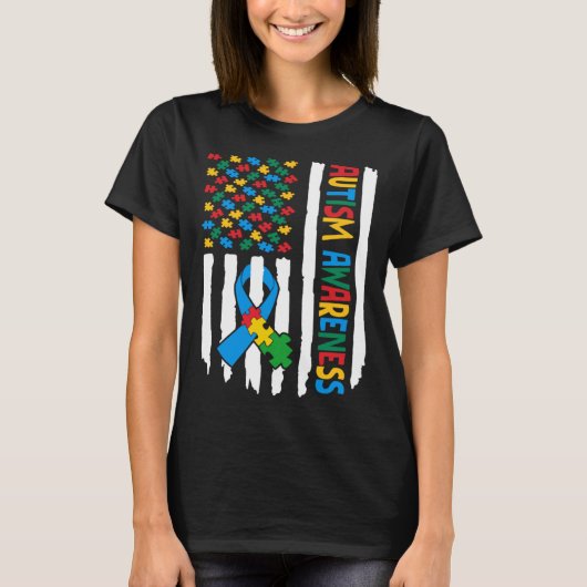 Autism Awareness Month American Flag Puzzle Piece  Tシャツ (正面)