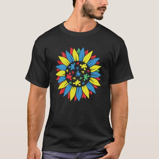Autism Awareness Puzzle Piece Sunflower Autism War Tシャツ (正面)