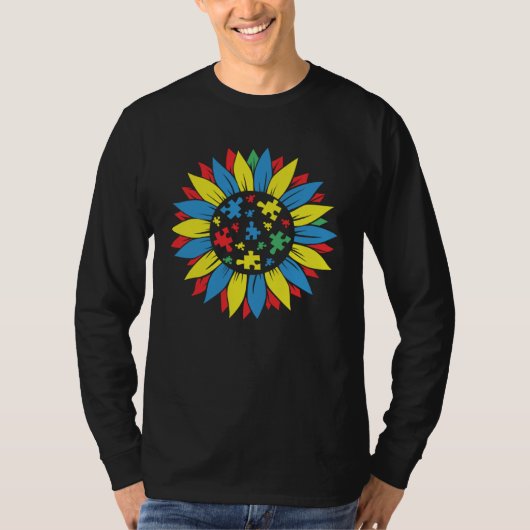 Autism Awareness Puzzle Piece Sunflower Autism War Tシャツ (正面)