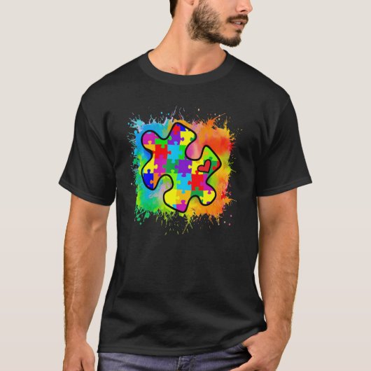 Autism Awareness Puzzle Piece Watercolor Boy Kids Tシャツ (正面)