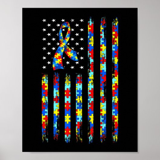 Autism Awareness Shirt American Flag Ribbon Puzzle ポスター (正面)