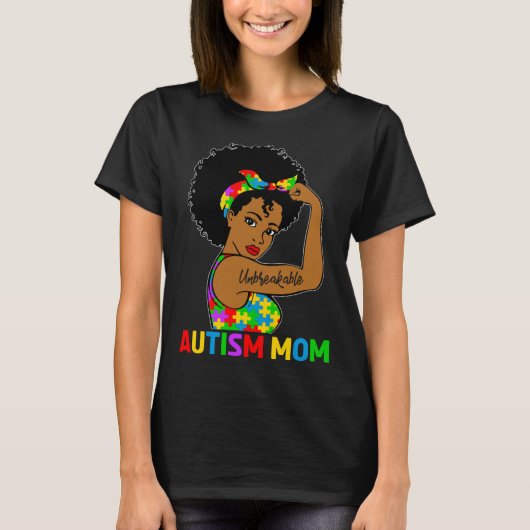 Autism Awareness Strong Autism Mom Afro Black Moth Tシャツ (正面)