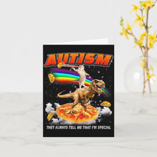 Autism Awareness T-rex Cat Meme Neurodiversity Pri カード (黄色い花)