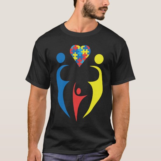 Autism Awarness Family Trio Heart Puzzle Design Tシャツ (正面)