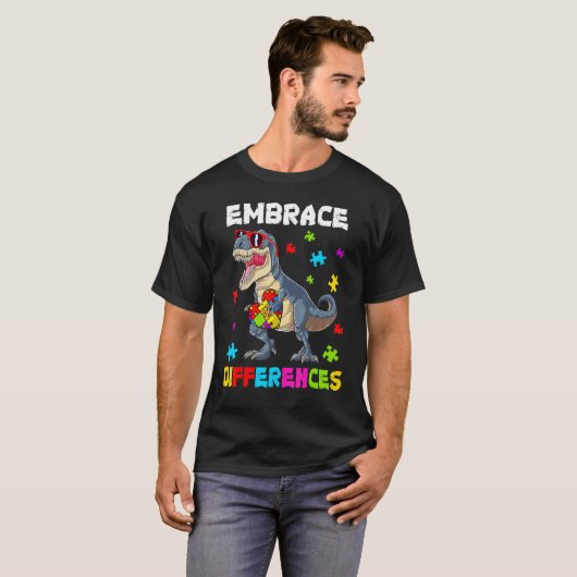 Autism Embrace Differences Dinosaur Rex Kids Cute  Tシャツ (正面フル)