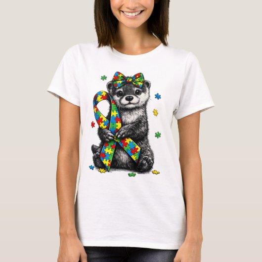 Autism Highland Otter Puzzle Ribbon T-Shirt, Retro Tシャツ (正面)