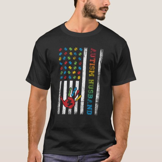 Autism Husband American Flag Autism Awareness Tシャツ (正面)
