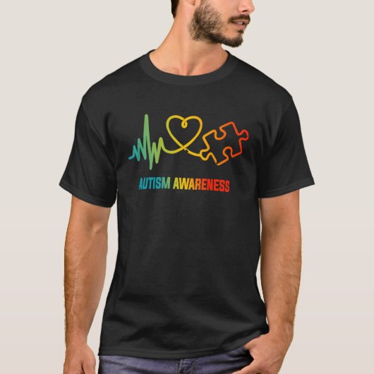 Autism Puzzle Piece Heartbeat Heart Awareness Tシャツ (正面)