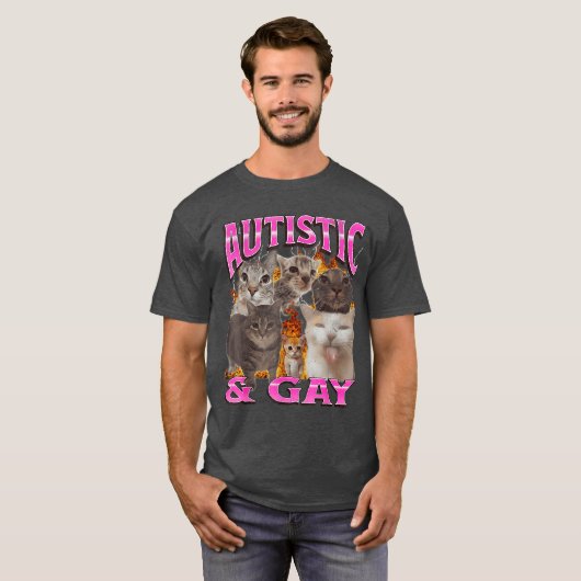 Autistic and Gay Funny Cat Meme Bootleg retro Tシャツ (正面フル)