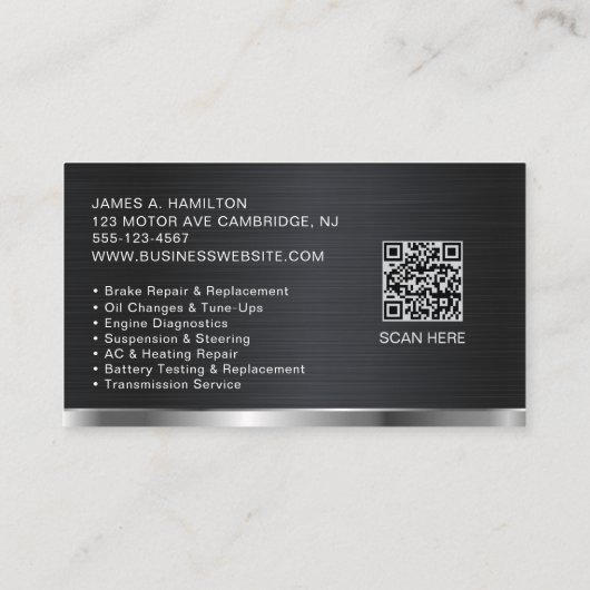 Auto Mechanic Automotive Repair Service QR Code 名刺 (裏面)
