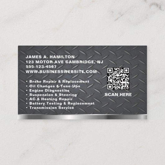 Auto Mechanic Repair Service Automotive QR Code 名刺 (裏面)