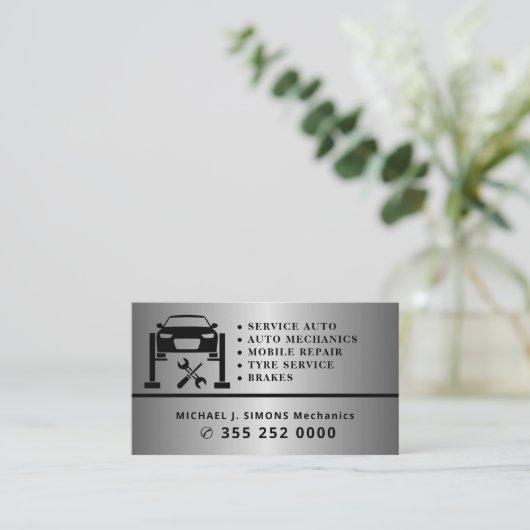 Auto repair professional mechanic silver metal 名刺 (スタンド正面)