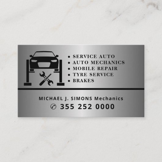 Auto repair professional mechanic silver metal 名刺 (正面)