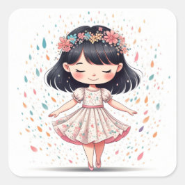 Autocollant  Fille Fleurie - Design Original スクエアシール