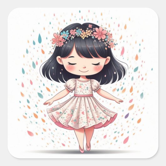Autocollant  Fille Fleurie - Design Original スクエアシール (正面)