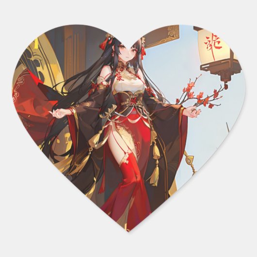 Autocollant fille manga avec robe soiree rouge ハートシール (正面)