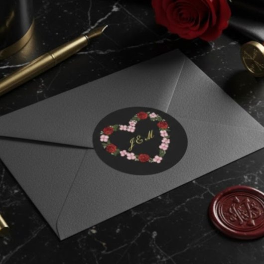 Autocollant initial coeur floral noir ラウンドシール