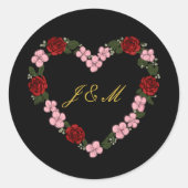 Autocollant initial coeur floral noir ラウンドシール (正面)