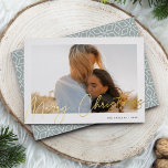 Autograph | Merry Christmas Horizontal Photo 箔シーズンカード<br><div class="desc">Send holiday greetings to friends and family in chic style with our elegant photo cards. Design features your favorite horizontal or landscape oriented photo framed by a thick white border, with "Merry Christmas" sketched on top in shining gold foil hand lettered script. Personalize with your family name and the year...</div>