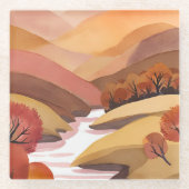 Autumn Abode | 秋の紅葉 水彩風景画 ガラスコースター (正面)