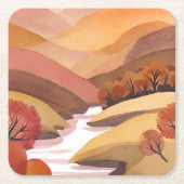 Autumn Abode | Fall Foliage Watercolor Landscape スクエアペーパーコースター (正面)