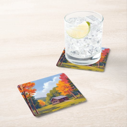 Autumn Abode Lakeside Cottage スクエアペーパーコースター (インサイチュ)