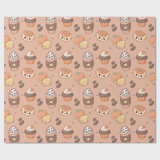 Autumn Baked Goods & Coffee Kawaii Pattern ラッピングペーパー (フラット)