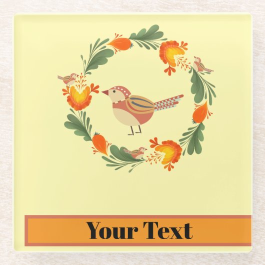 Autumn Bird Folk Art ガラスコースター (正面)