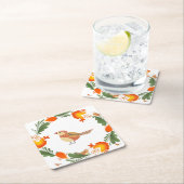 Autumn Bird Folk Art スクエアペーパーコースター (インサイチュ)