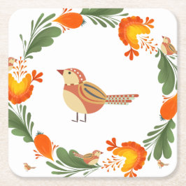 Autumn Bird Folk Art スクエアペーパーコースター