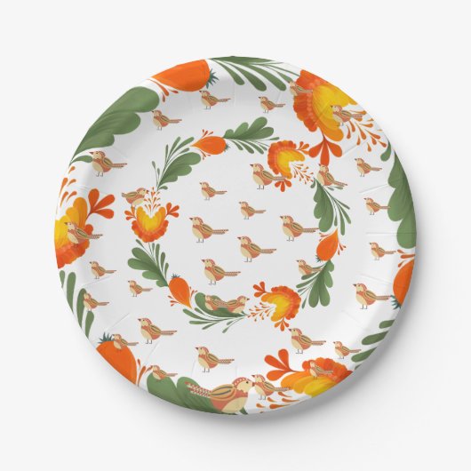 Autumn Bird Folk Art ペーパープレート (正面)