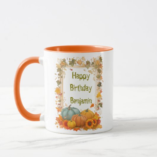 Autumn Birthday Mug Personalized Fall Pumpkins  マグカップ (左)