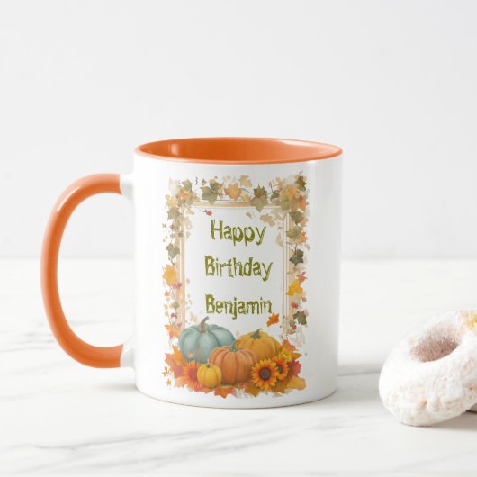 Autumn Birthday Mug Personalized Fall Pumpkins  マグカップ (ドーナツ)