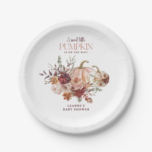 Autumn Blooms 'a little pumpkin' Baby Shower ペーパープレート (正面)